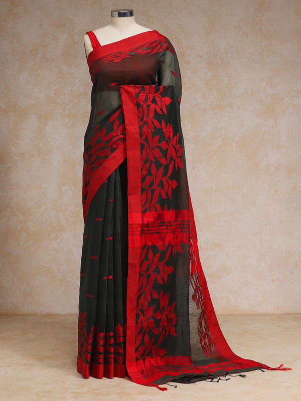 Black Red Floral Pattern Woven Cotton Saree — BINKS