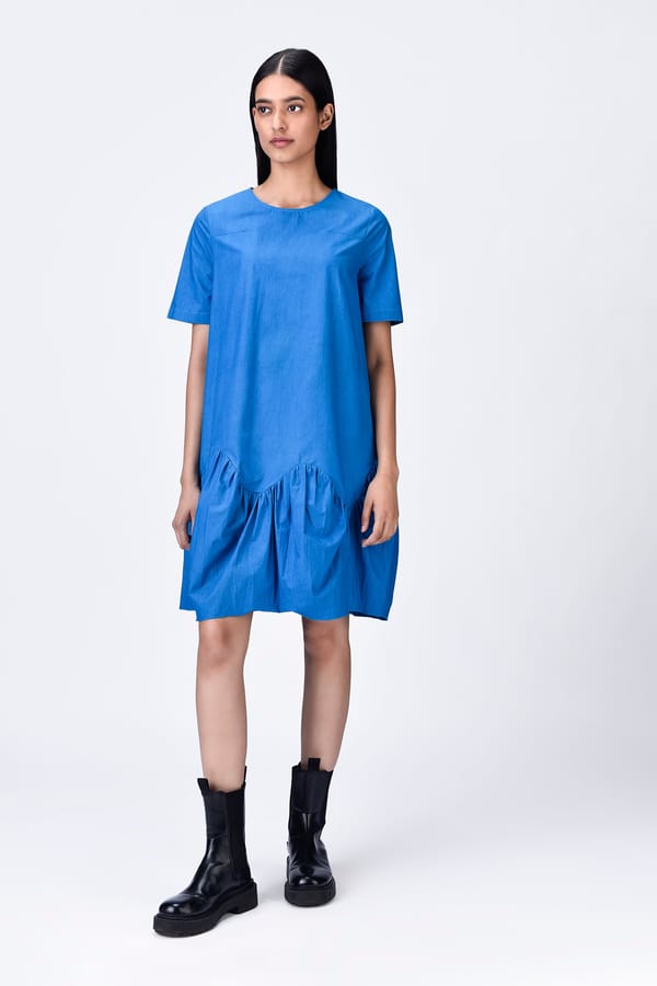 Azure Blue Relaxed Fit Smock Dress with Gathered Hem — Genes Lecoanet Hemant