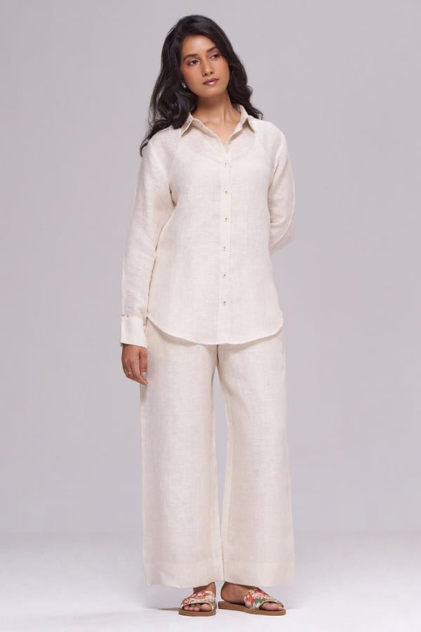 Milk Creame Linen Shirt and Wide-Leg Trouser Co-ord Set — Ganga Fashions Pvt Ltd