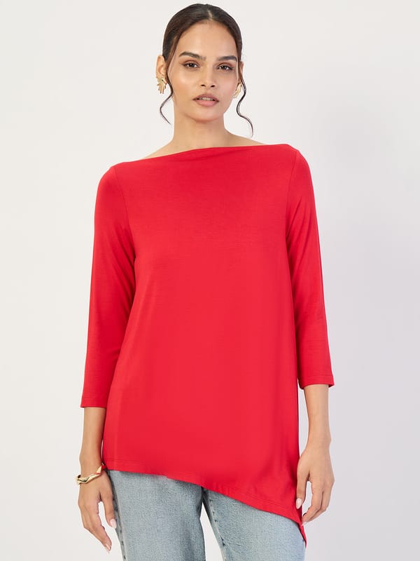 UltraSoft Bamboo Red Asymmetric Hem Top — Femmella