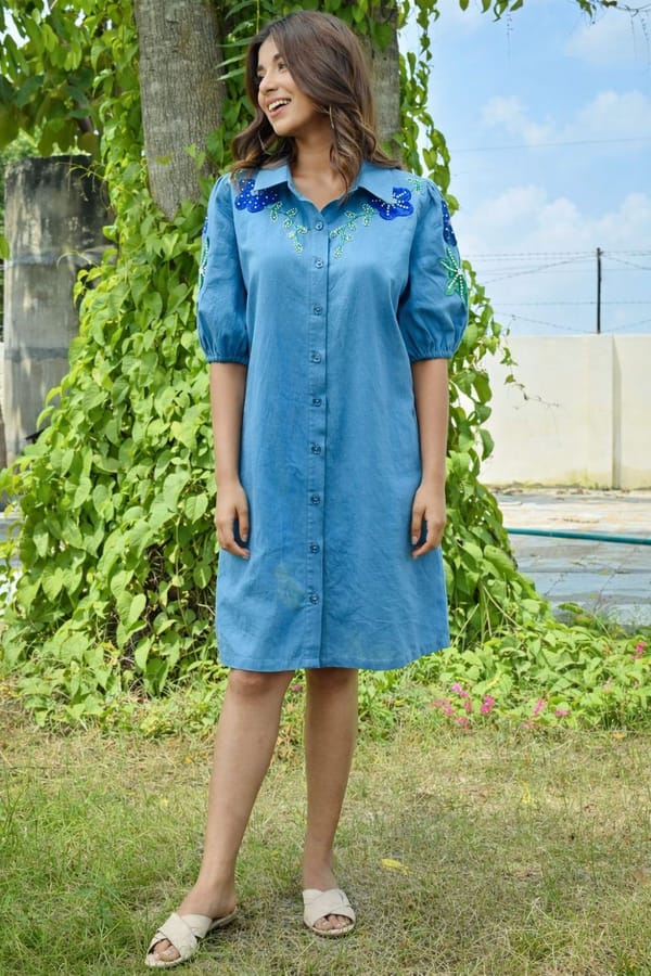 Blue Cotton Flex Straight Shirt Dress with Embroidery — Younglings