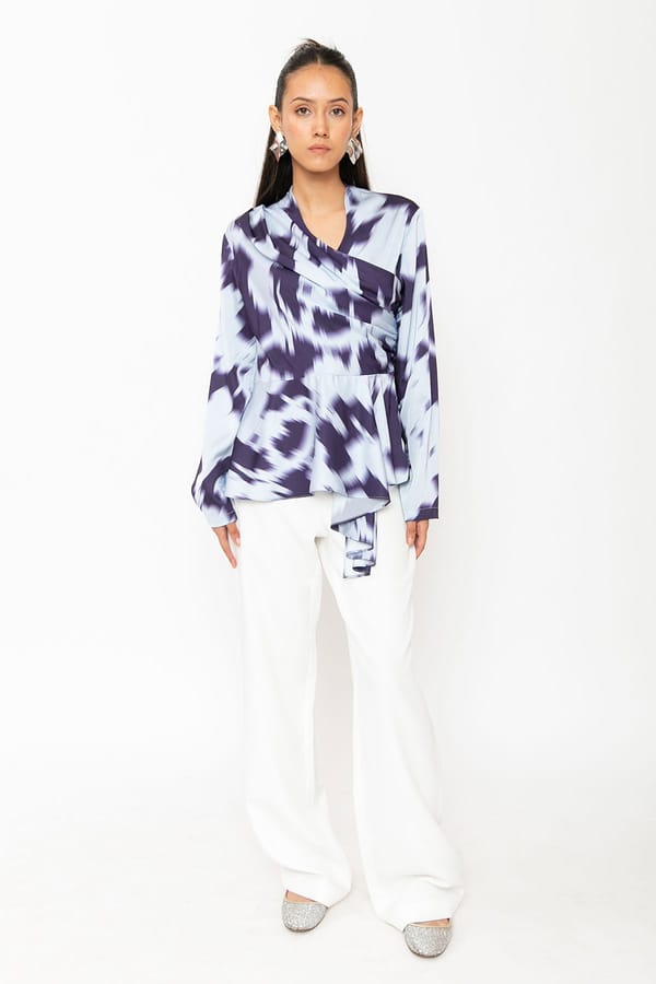 Blue Abstract Print Wrap Peplum Top — Contemponari