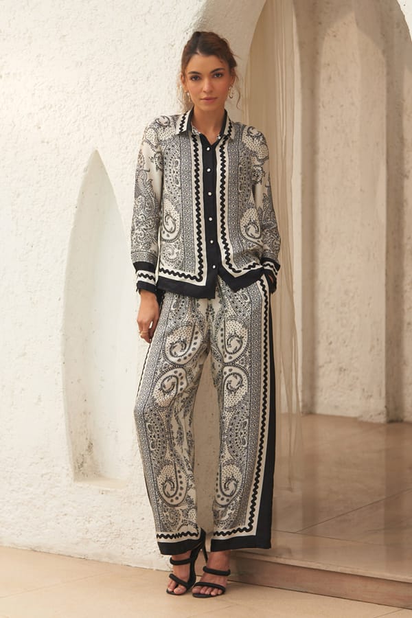 White and Black Printed Wide-Leg Trousers — Style Island
