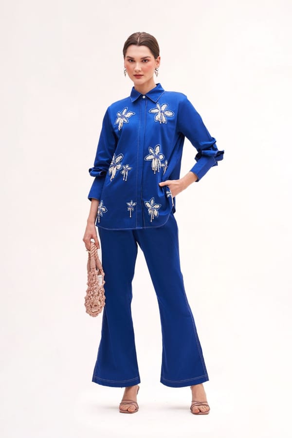 Royal Blue Embroidered Shirt and Flared Trouser Co-ord Set — Our Love