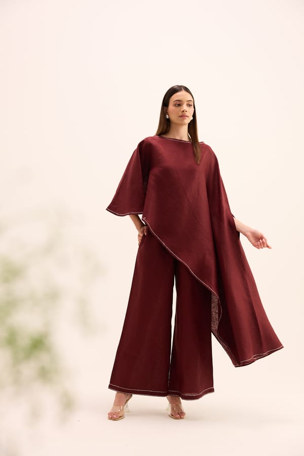 Burgundy Linen Asymmetric Cape Top and Pants Co-ord Set — Prink Tonic