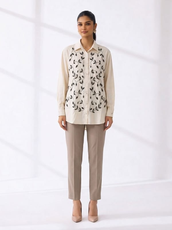 Beige Oversized Shirt with Black Vine Bead Embroidery — Orfeonegro