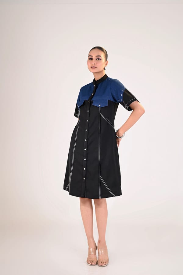 Black and Navy Colorblock Button-Front Shirt Dress — Veera Wear