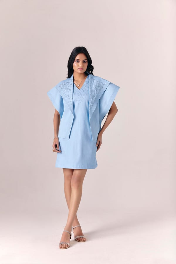 Light Blue Denim Mini Dress Set with Stud Detail — Savaaya