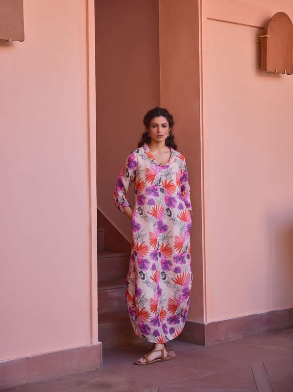 Gauze Linen Multicolor Floral Print Midi Dress — YELL