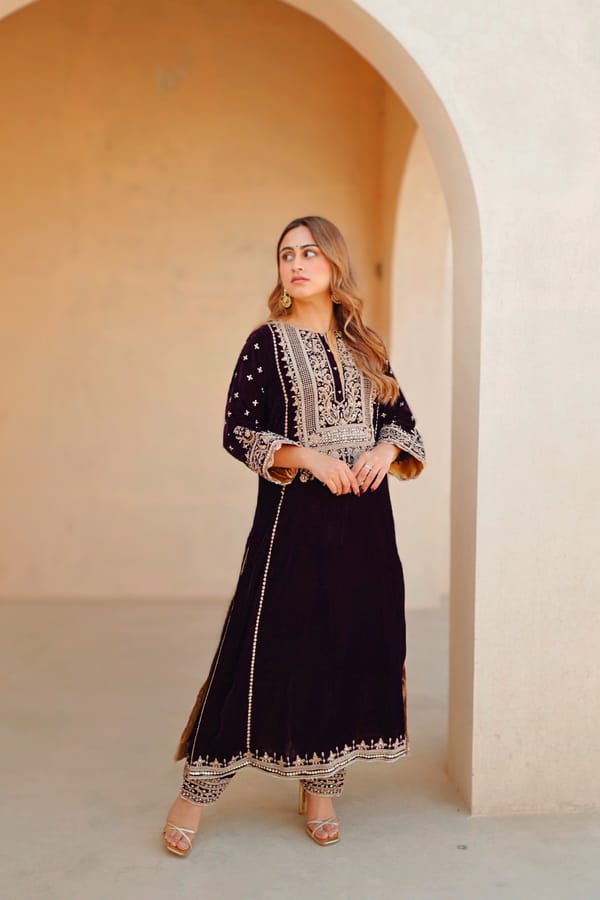 Wine Silk Velvet A-Line Kurta Set with Embroidered Yoke — Sheetal Batra