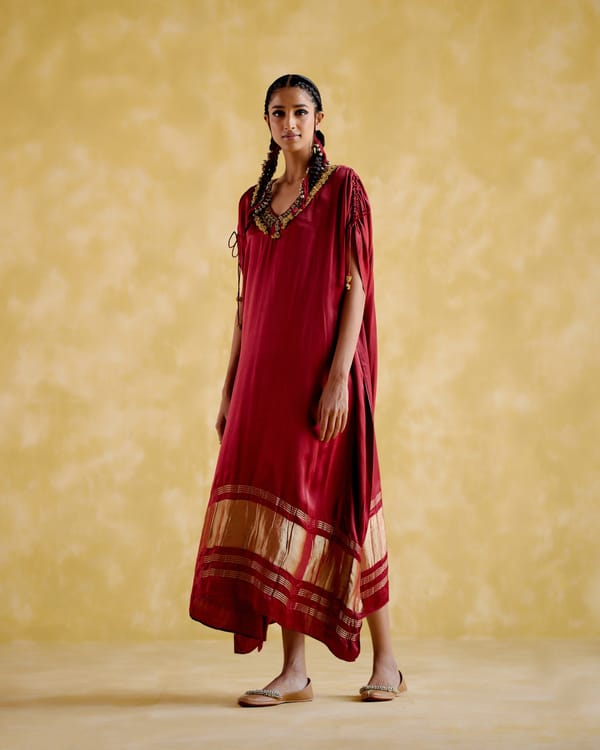 Maroon Modal Satin Maxi Kaftan with Embellished V-Neck — 5 Elements