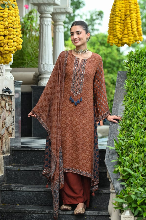 Brown and Blue Ajrakh Print Gota Adda Work Crepe A line Suit Set with Chinnon Ajrakh Print Dupatta-SET OF-3 — MAHEE JAIPUR