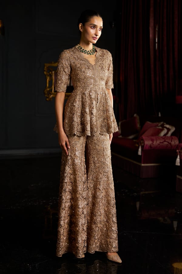 Caramel Lace Peplum Top and Flared Pants Co-ord Set — Dash and Dot