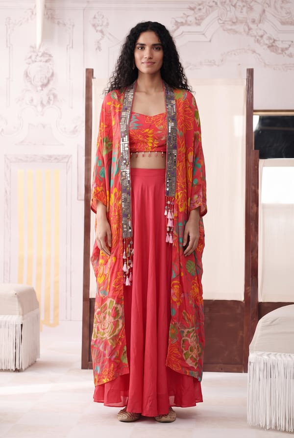Pink Embellished Printed Cape Set — Basanti Kapde aur Koffee