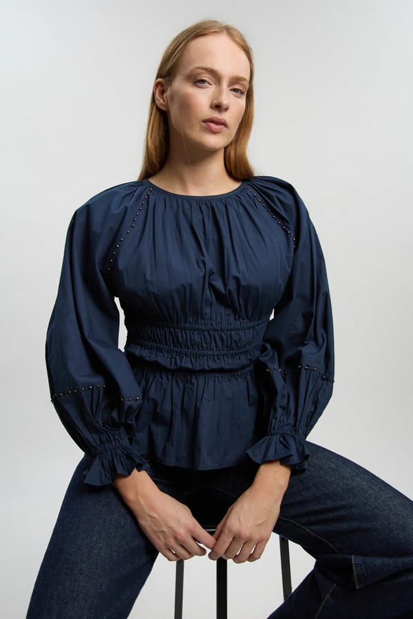 Navy Cotton Smocked Waist Peplum Top — KAREN MILLEN