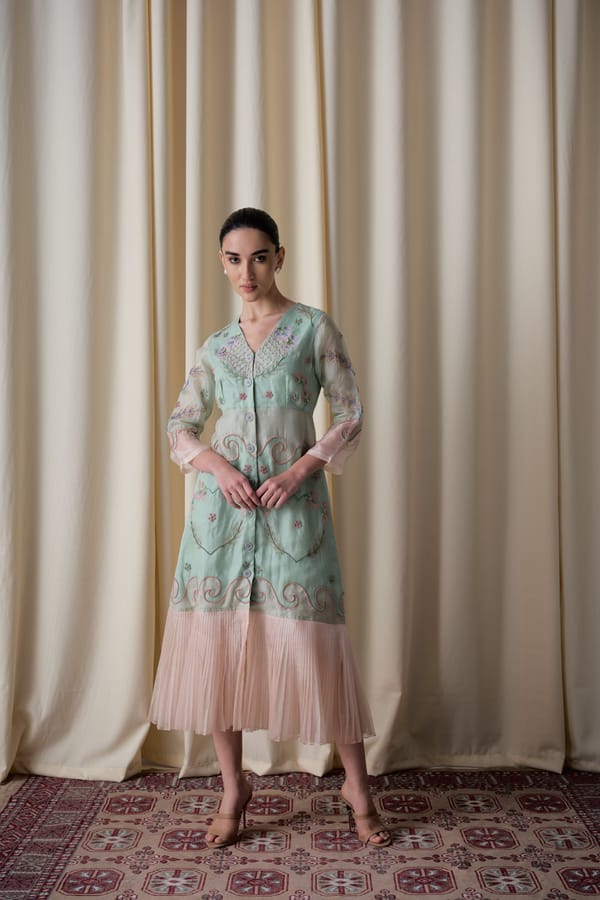 Mint Green and Peach Embroidered Silk Organza Midi Dress — Love Kiki