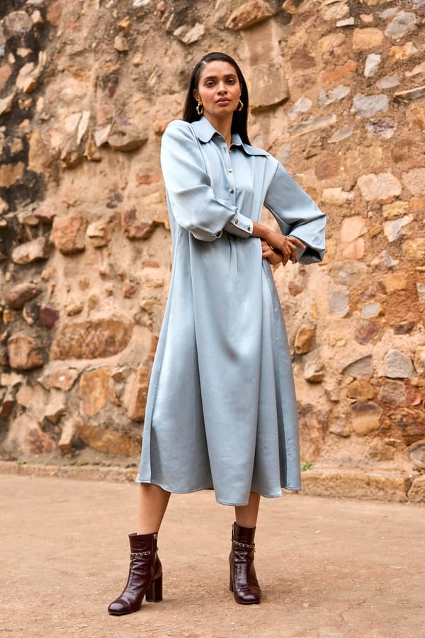 Petrol Textured Satin A-Line Shirt Dress — Dash and Dot