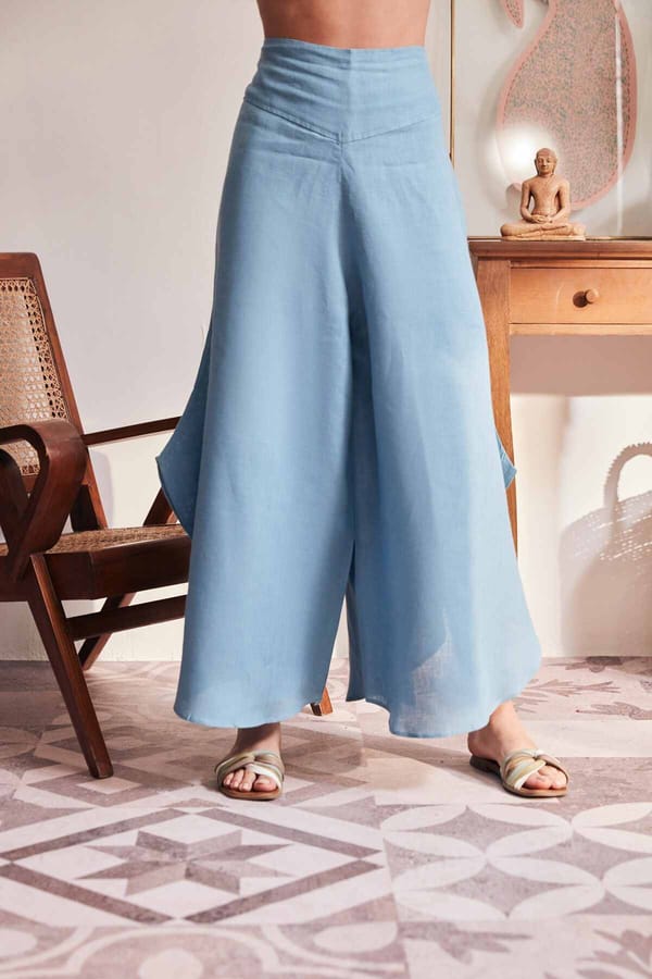 Blue Linen High-Rise Palazzo Trousers — YELL