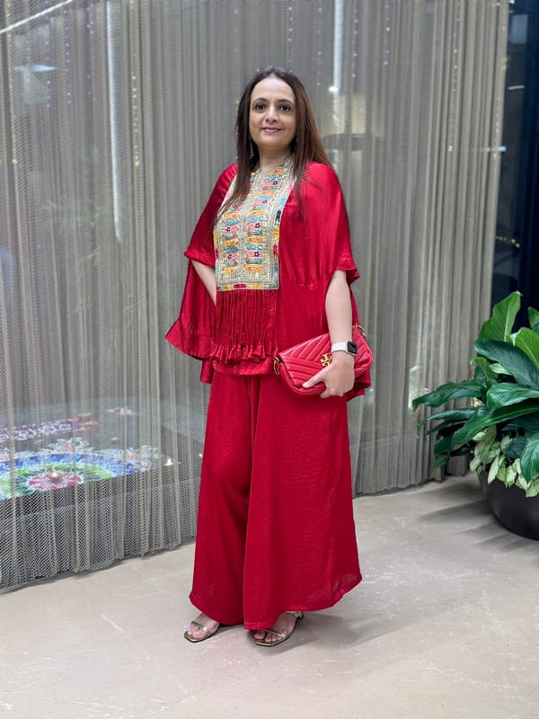 Red Brocade Kaftan Top and Flared Pants Co-ord Set — TASUVURE