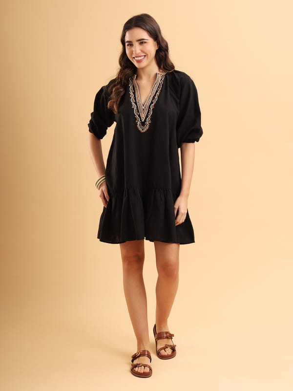 Black Tiered Mini Dress with Embroidered V-Neck — ANISETTE