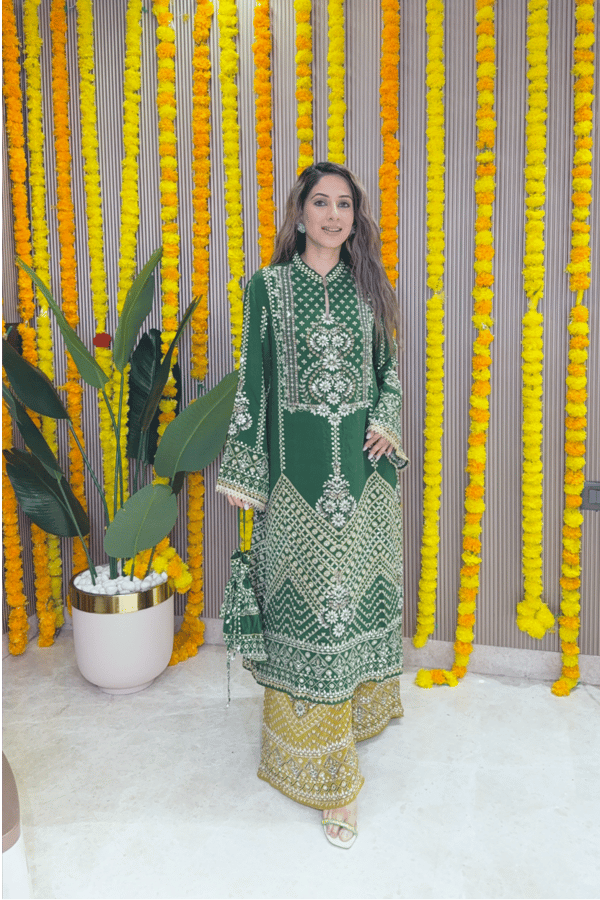 Green and Mustard A-Line Kurta Set with Mirror Work — Surkh Syahi