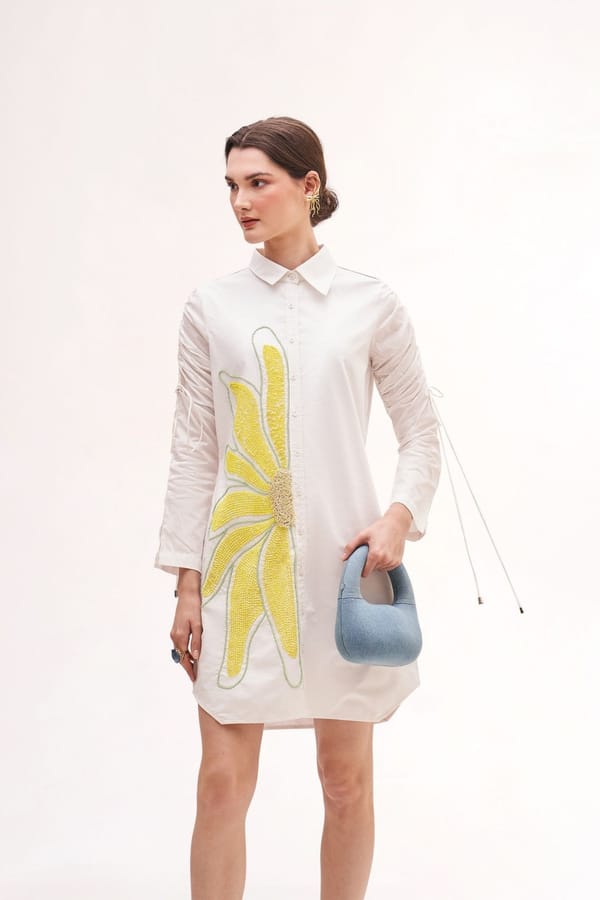 White Cotton Mini Shirt Dress with Floral Embellishment — Our Love