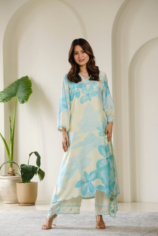 Aqua Blue Cut Work Scallope Muslin Kurta with Organza Border Embroidered Scallope Pant Set-SET OF-2 — MAHEE JAIPUR