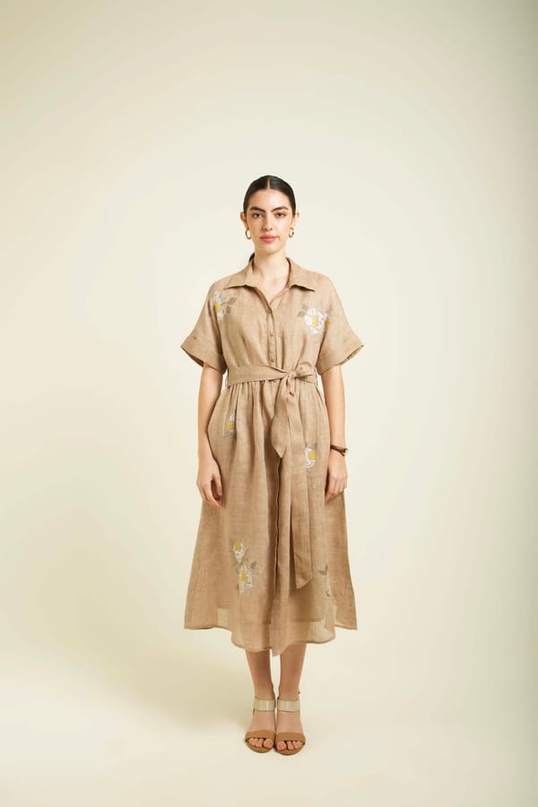 Beige Gauze Linen Shirt Dress with Embroidery and Waist Tie — Arcvsh Pallavi Singh