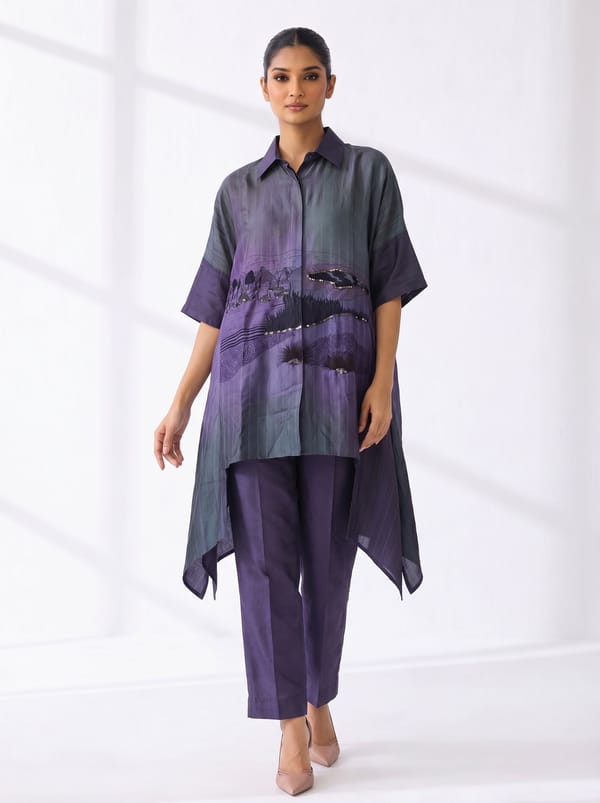Purple Printed Collared High-Low Kurta Set with Pants — CLOS
