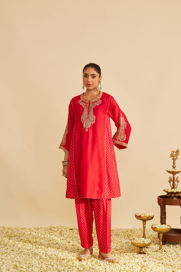 Red Upada Silk Embroidered Chauga Kurta Set with Salwar — Sheetal Batra
