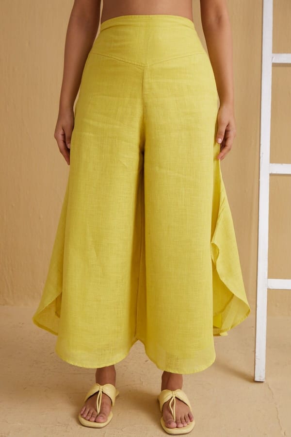 Yellow Linen High-Rise Flared Palazzo Pants — YELL