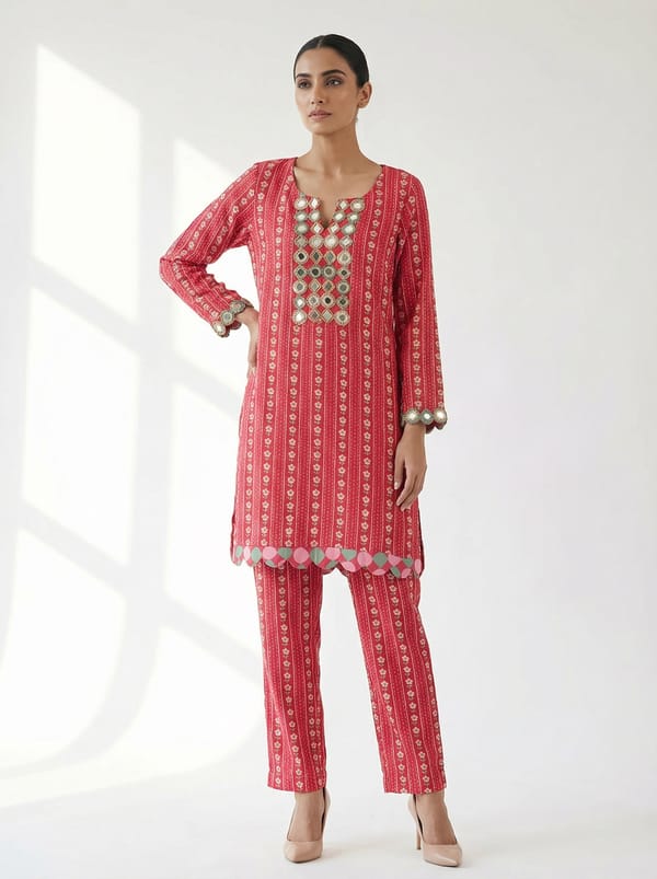 Crimson Red Mirror Work Co-Ord Set — SURABHI ARYA