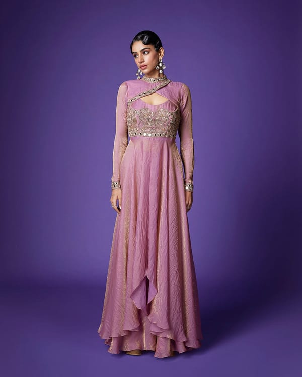 Blush Pink Shimmer Embellished High-Neck Maxi Gown — QUNIC