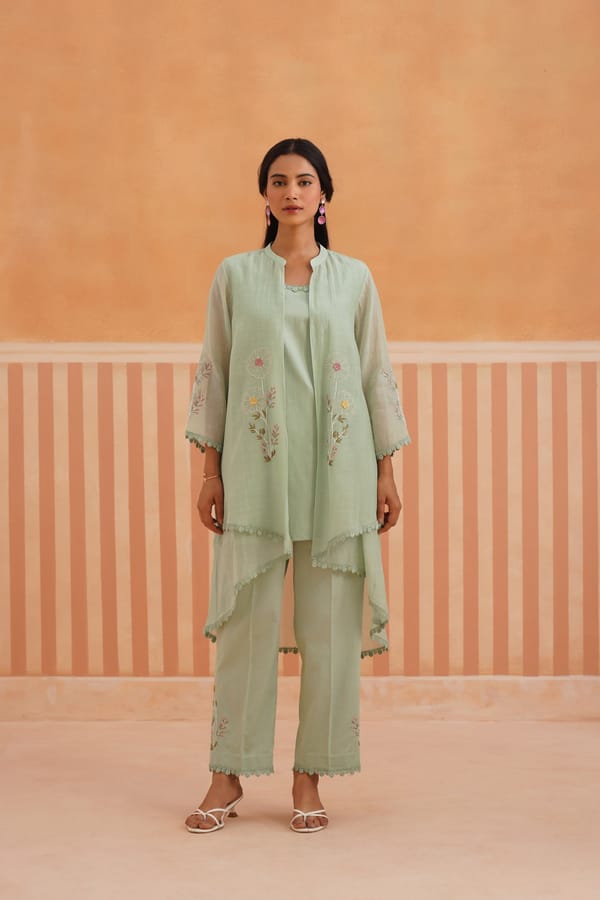 Sage Green High-Low Embroidered Jacket Co-ord Set — Omi Clothing