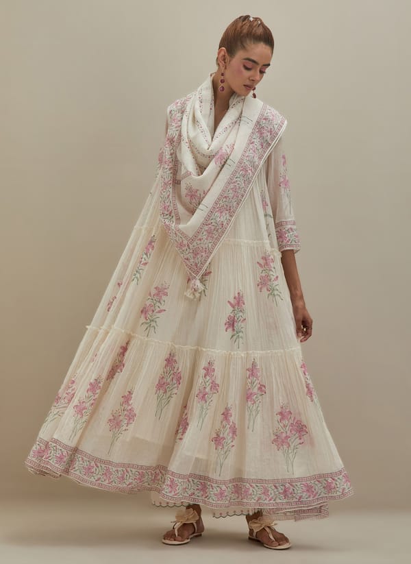Off White Cotton 3-Tier Kurta Block Print — Upavita