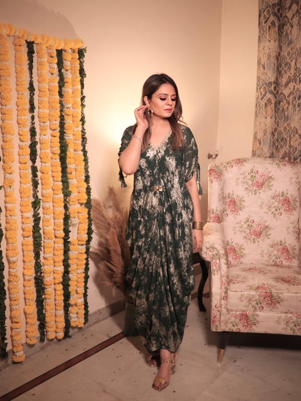 Green Gold Foil Print V-Neck Full-Length Kaftan — Younglings
