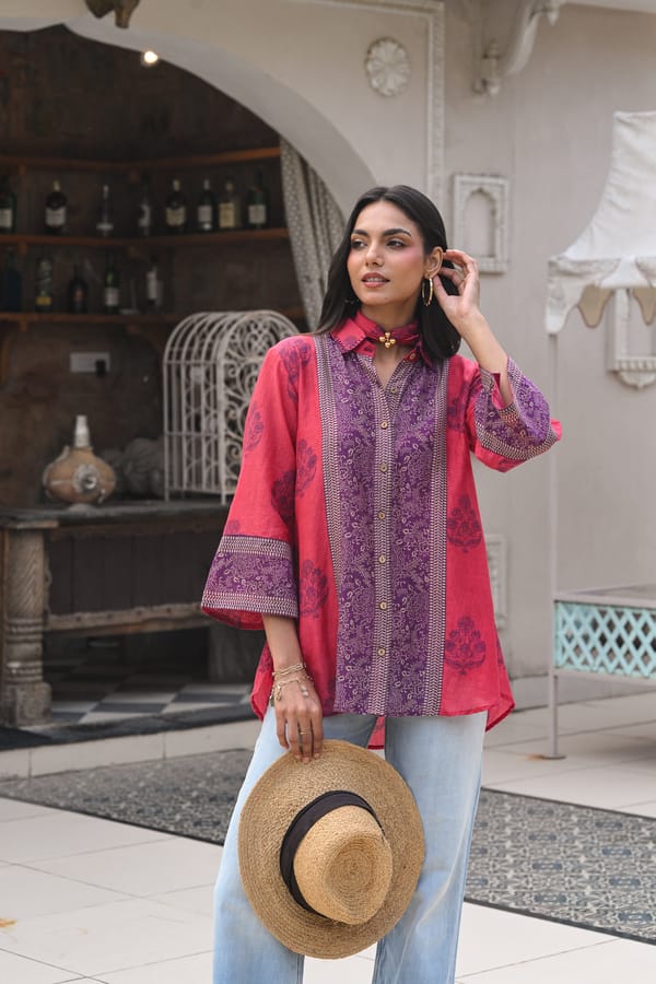 Pink and Purple Block Panel Print Mul Chanderi Shirt- SET OF -1 — MAHEE JAIPUR
