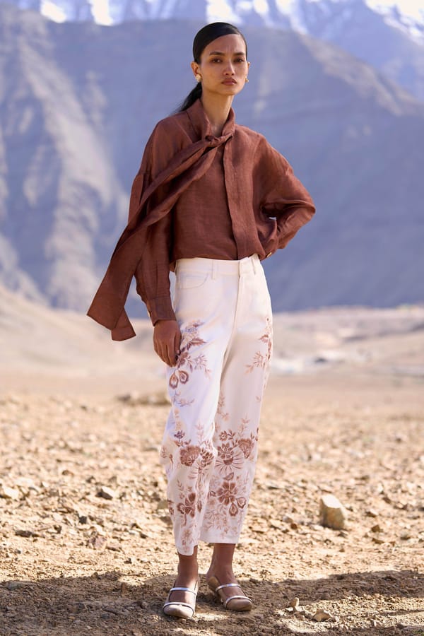Brown Silk-Linen Tie-Neck Relaxed Fit Shirt — Dash and Dot