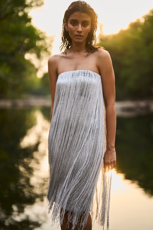 Silver Metallic Fringe Midi Tube Dress — Dash and Dot