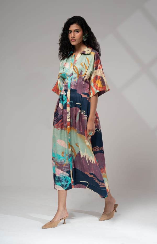 Multicolour Abstract Print Button-Down Midi Shirt Dress — ADVAIT