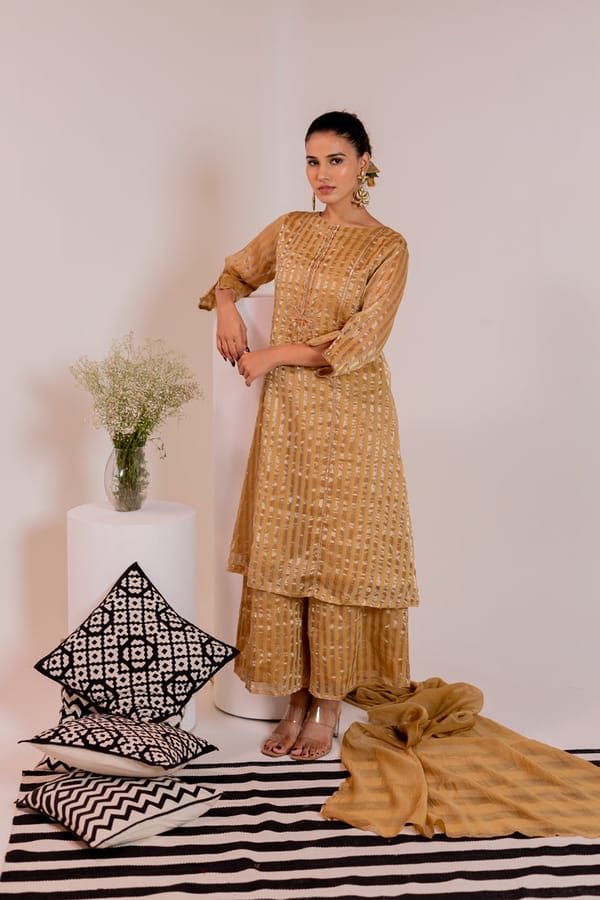 Golden Zari Striped Chanderi Silk Kurta Set — Silai studio