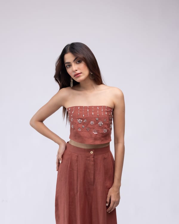 Burnt Orange Linen Backless Bandeau Crop Top — MAGIA