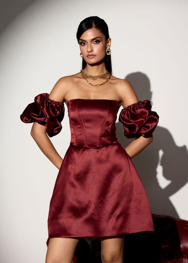 Rosetta Burgundy Structured Corset Dress With Detachable Sleeves — Lea Clothing