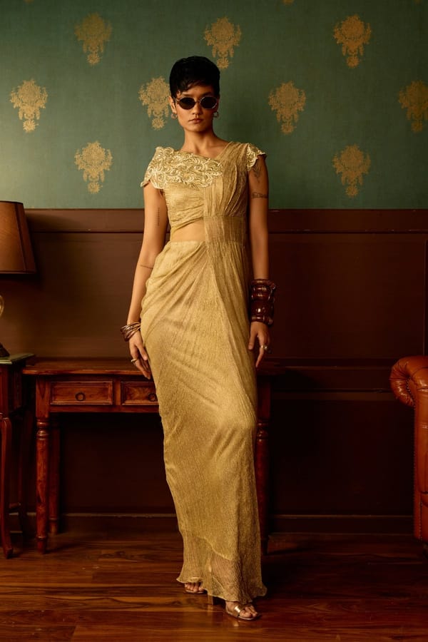 Sage Metallic Crinkle Tissue One-Shoulder Drape Gown — Reeti Arneja