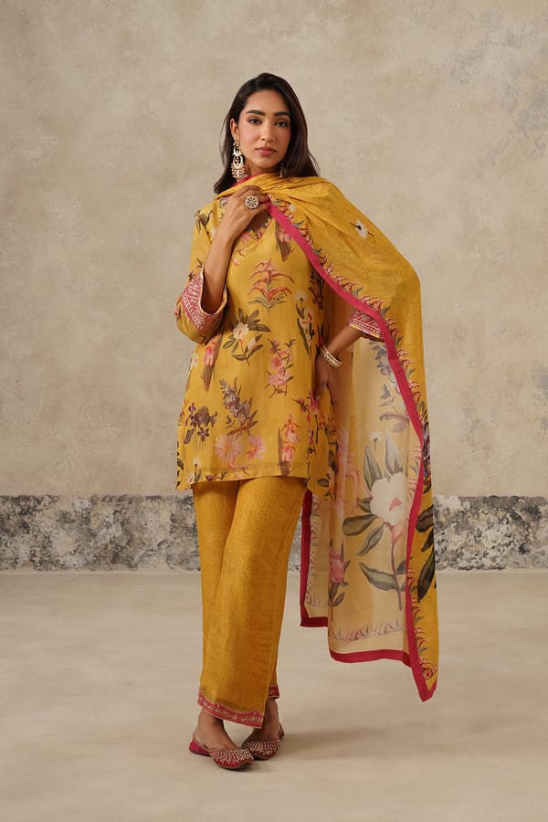 Naaz Yellow Floral Printed Co-ord Set with Embroidery — INCHING INDIA