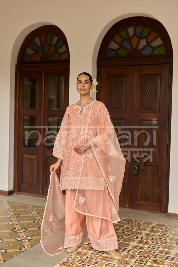 Soft Saffron Chanderi Embroidered Suit Set with Dupatta — NARAYANI VASTRA