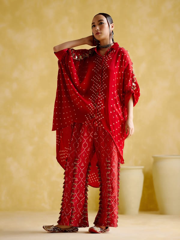 Red Bandhani Kaftan Shirt and Flared Pants Co-ord Set — 5 Elements