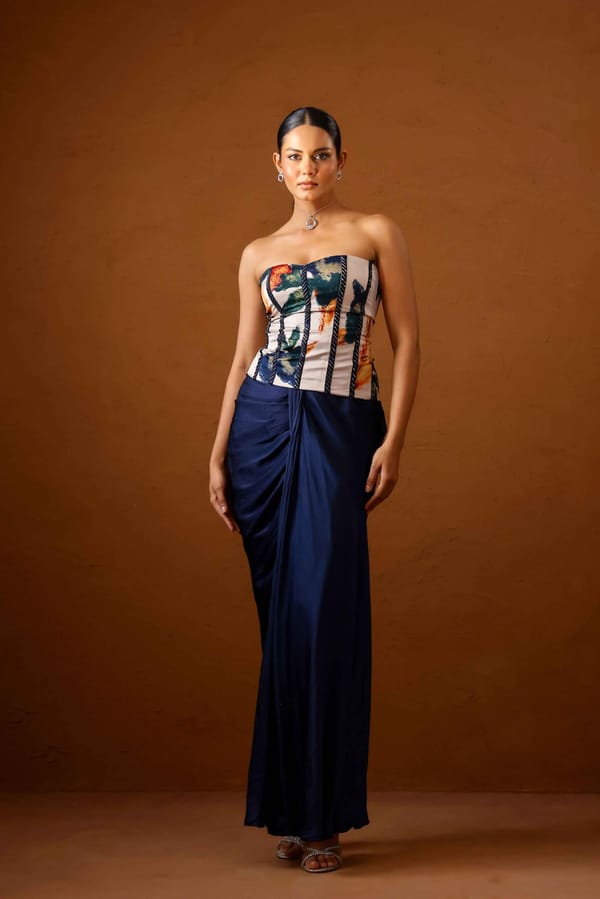 Ivory Printed Corset and Navy Draped Maxi Skirt Set — STUDIO SURBHI