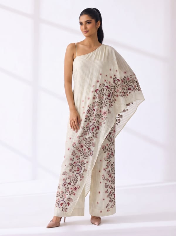Off-White One-Shoulder Drape Floral Print Jumpsuit — SOUP by Sougat Paul