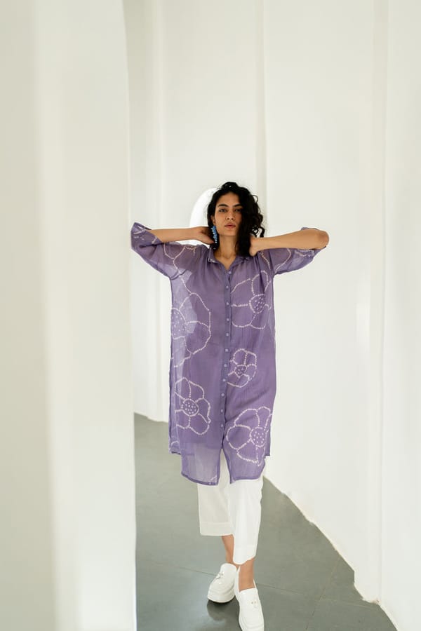 Periwinkle Bandhej Chanderi A-Line Button-Down Tunic — Silai studio